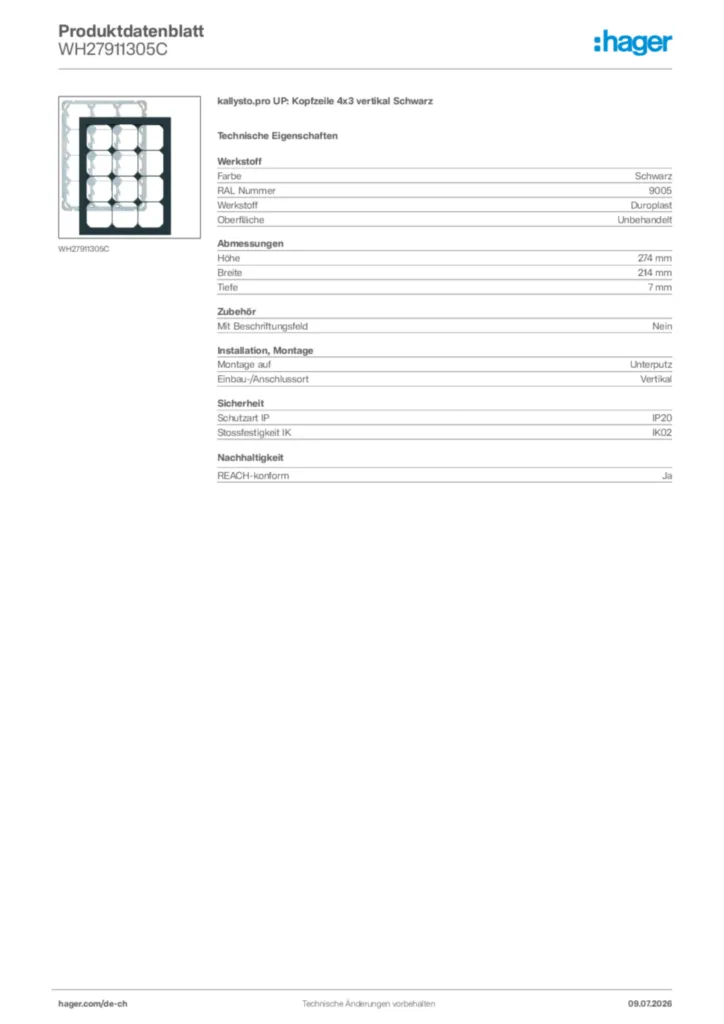 Bild Hager Produktdatenblatt WH27911305C | Hager Schweiz