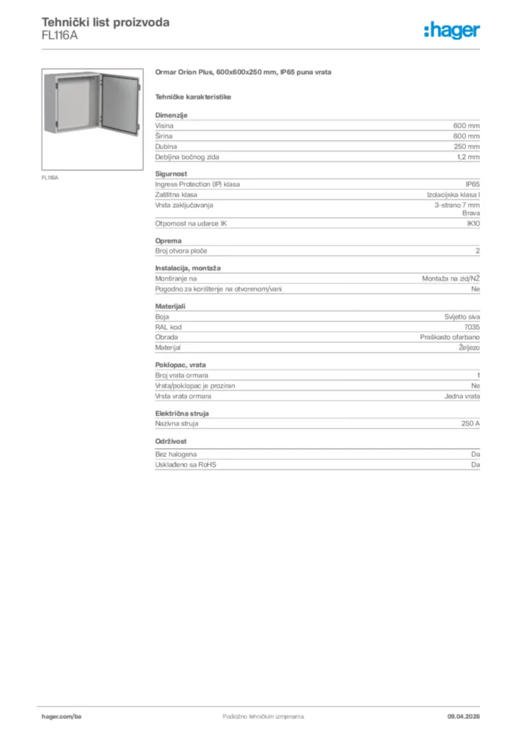 Slika Hager Tehnički list proizvoda FL116A  | Hager