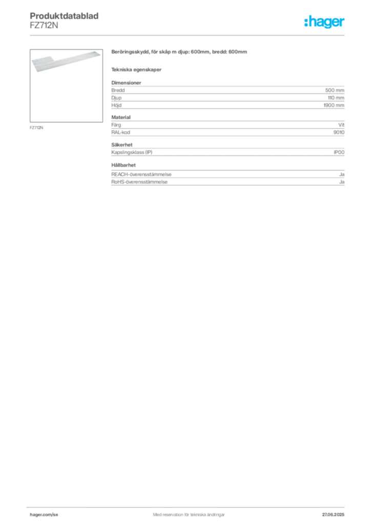 Bild Hager Produktdatablad FZ712N | Hager Sverige