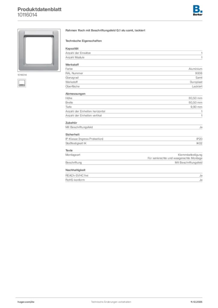 Bild Berker Produktdatenblatt 10116014 | Hager Deutschland