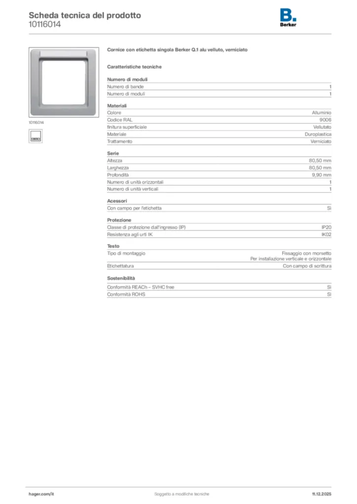 Immagine Berker Scheda tecnica del prodotto 10116014 | Hager Italia