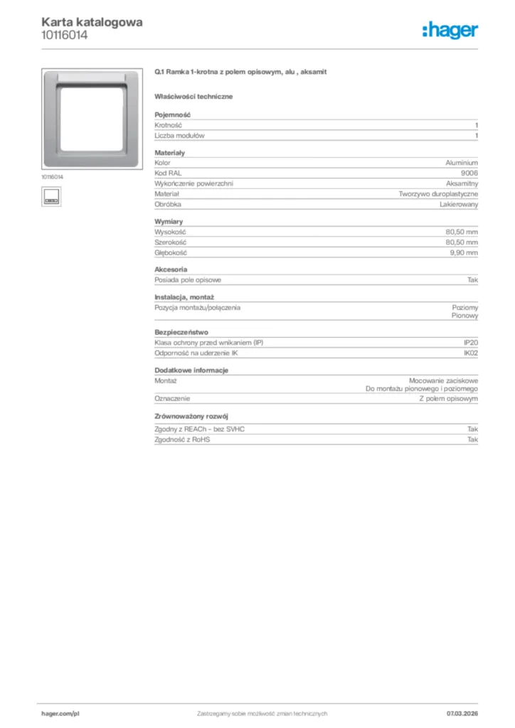 Zdjęcie Hager Karta katalogowa 10116014 | Hager Polska