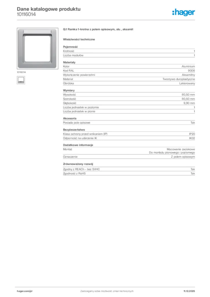 Zdjęcie Hager Dane katalogowe produktu 10116014 | Hager Polska