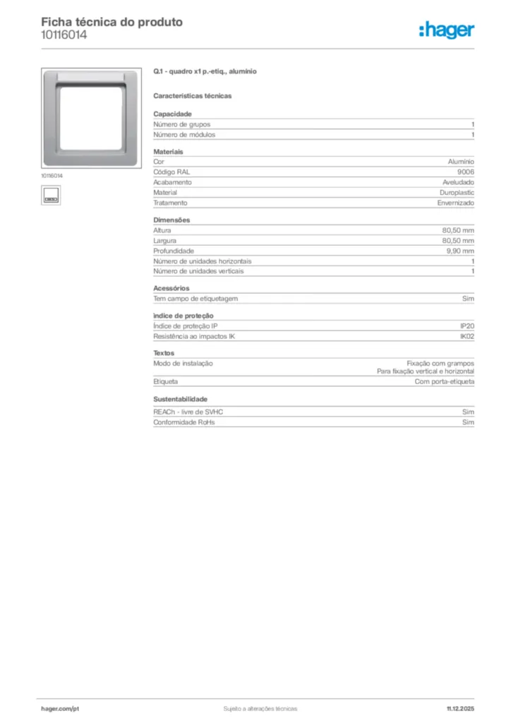 Imagem Hager Ficha técnica do produto 10116014 | Hager Portugal