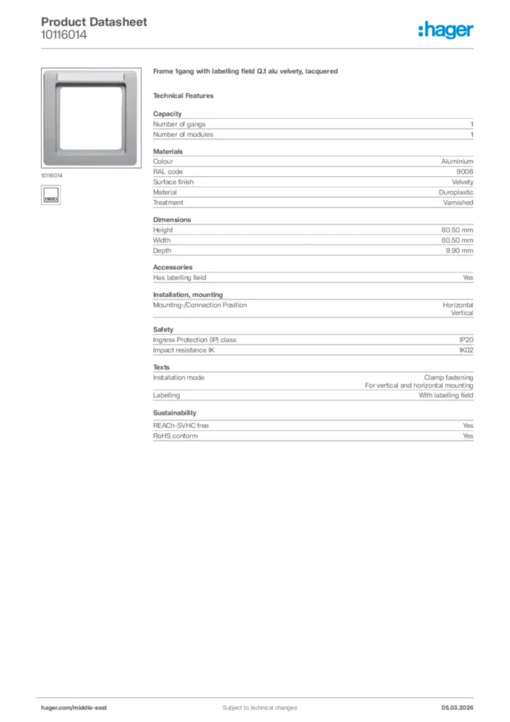Image Hager Product data sheet 10116014  | Hager