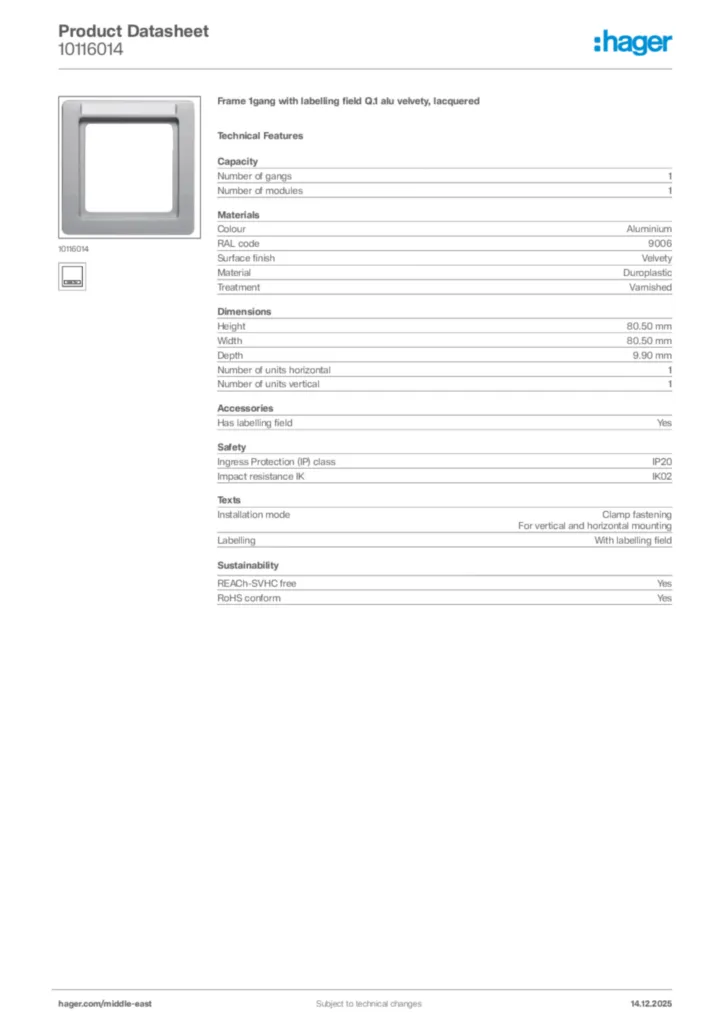 Image Hager Product data sheet 10116014  | Hager