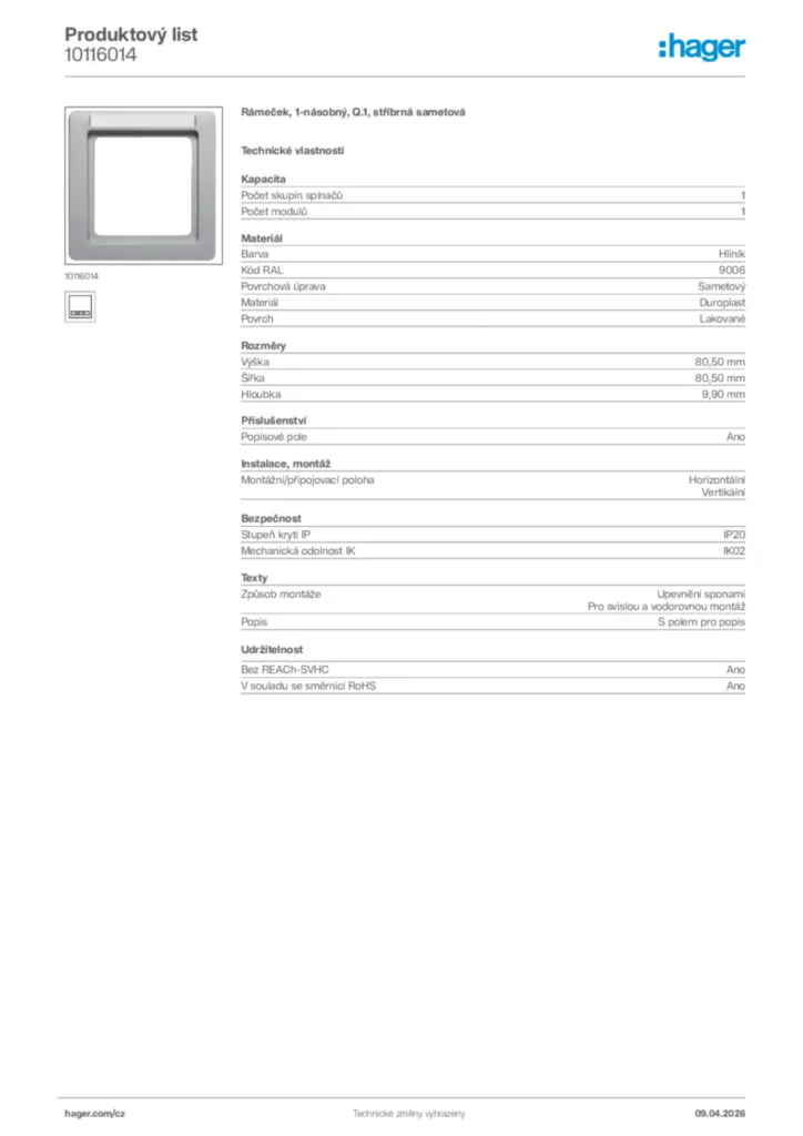 Obrázek Hager Product data sheet 10116014 | Hager
