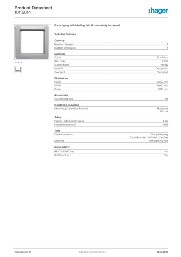 Image Hager Product data sheet 10116014  | Hager