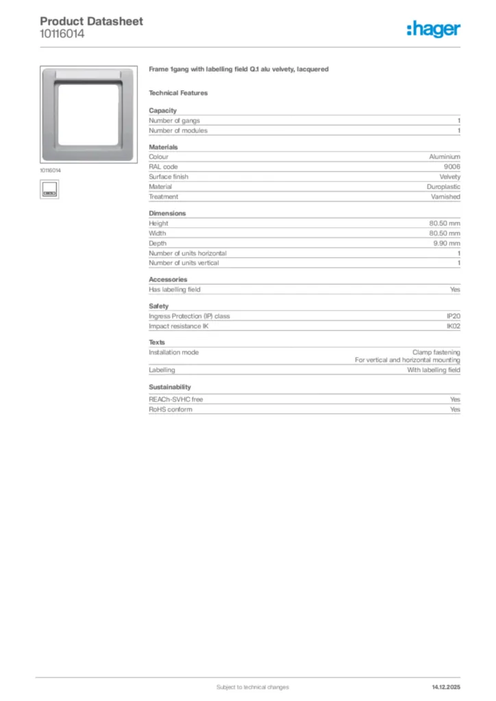 Image Hager Product data sheet 10116014  | Hager