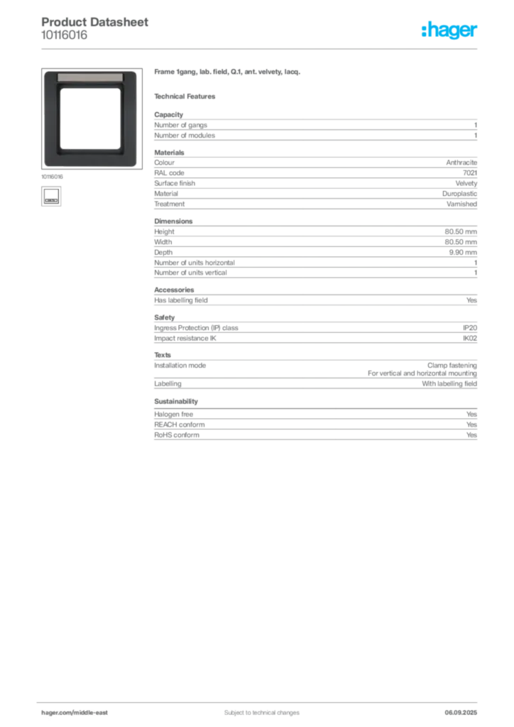 Image Hager Product data sheet 10116016  | Hager