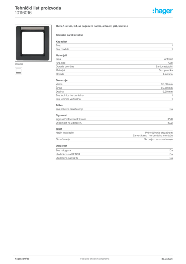 Slika Hager Product data sheet 10116016  | Hager