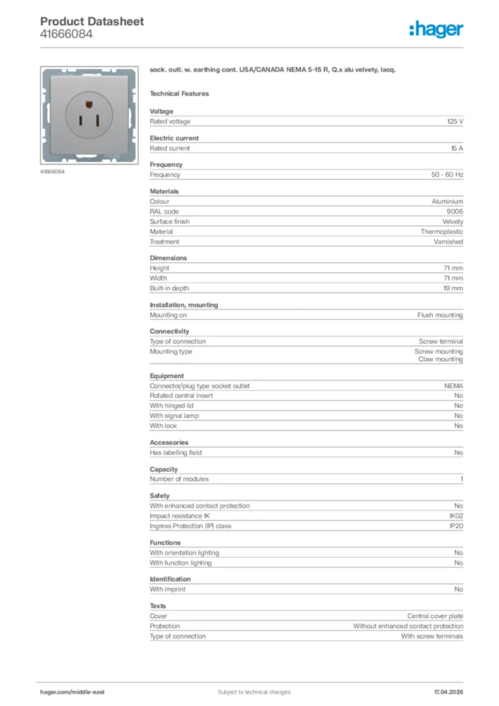 Image Hager Product data sheet 41666084  | Hager