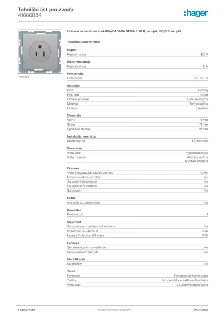 Slika Hager Tehnički list proizvoda 41666084  | Hager