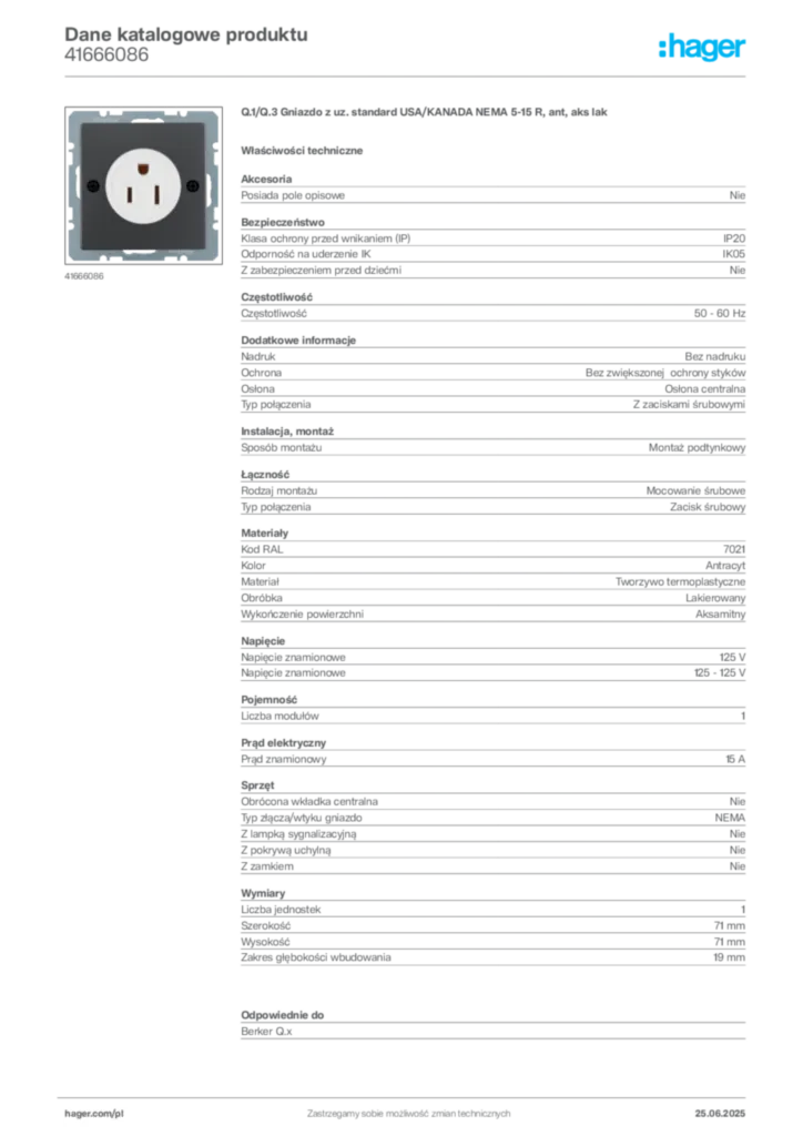 Zdjęcie Hager Dane katalogowe produktu 41666086 | Hager Polska