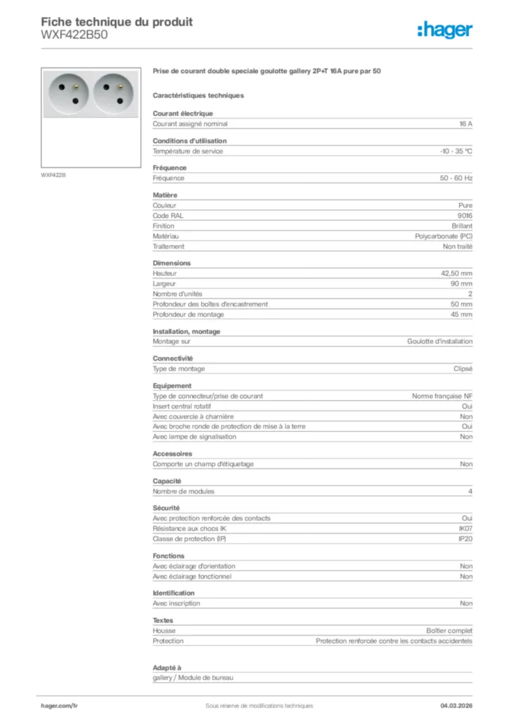 Image Hager Fiche technique du produit WXF422B50 | Hager France