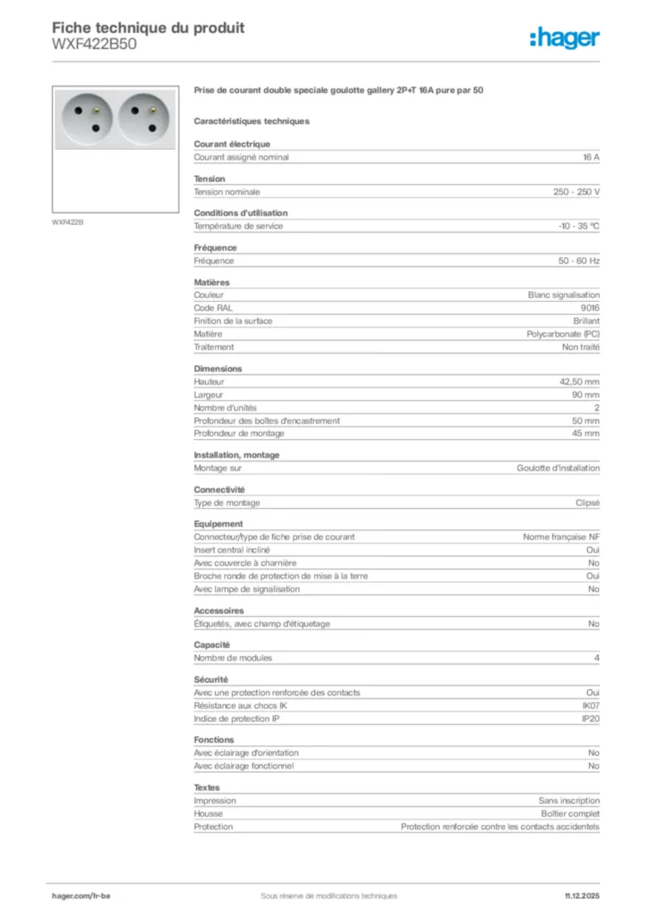 Image Hager Fiche technique du produit WXF422B50 | Hager Belgique