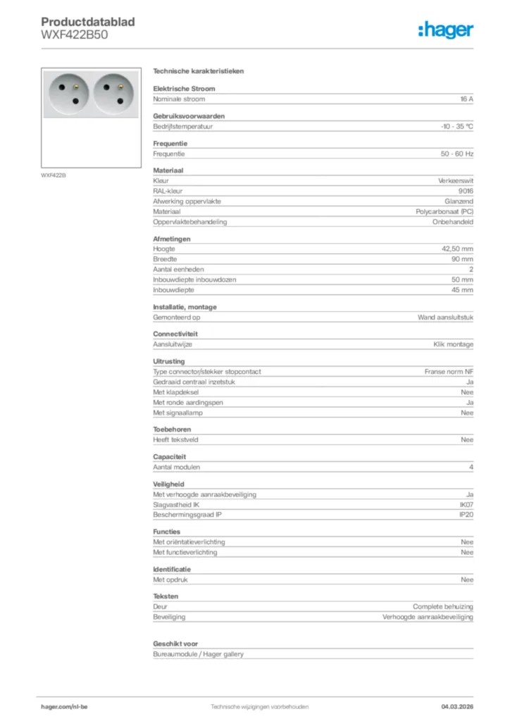 Afbeelding Hager Productdatablad WXF422B50 | Hager Belgium