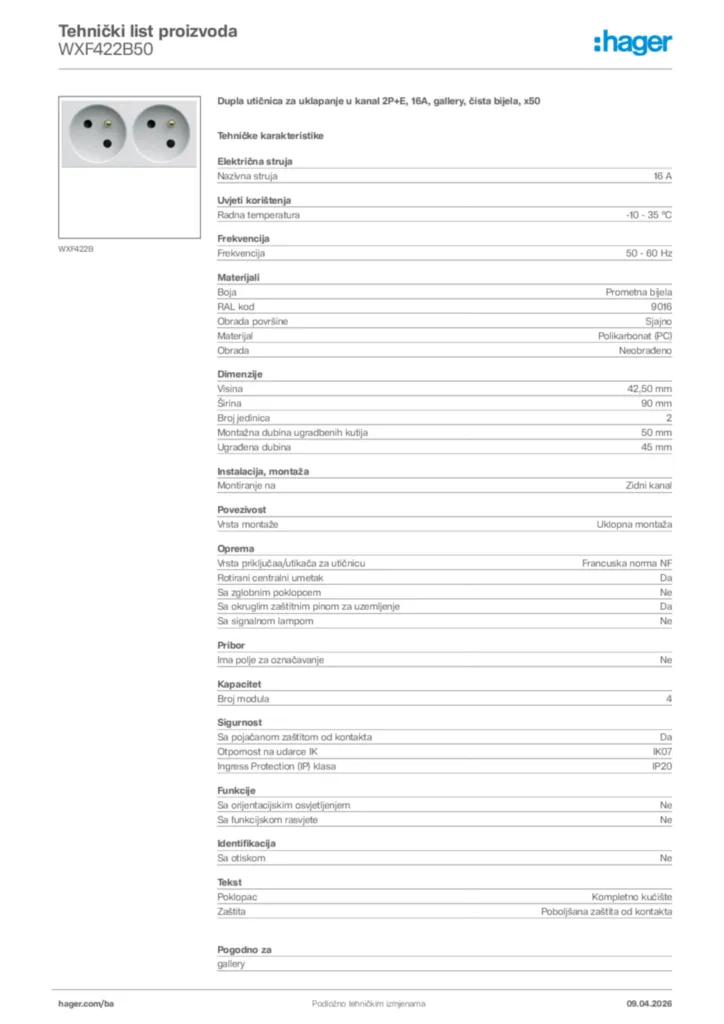 Slika Hager Tehnički list proizvoda WXF422B50  | Hager