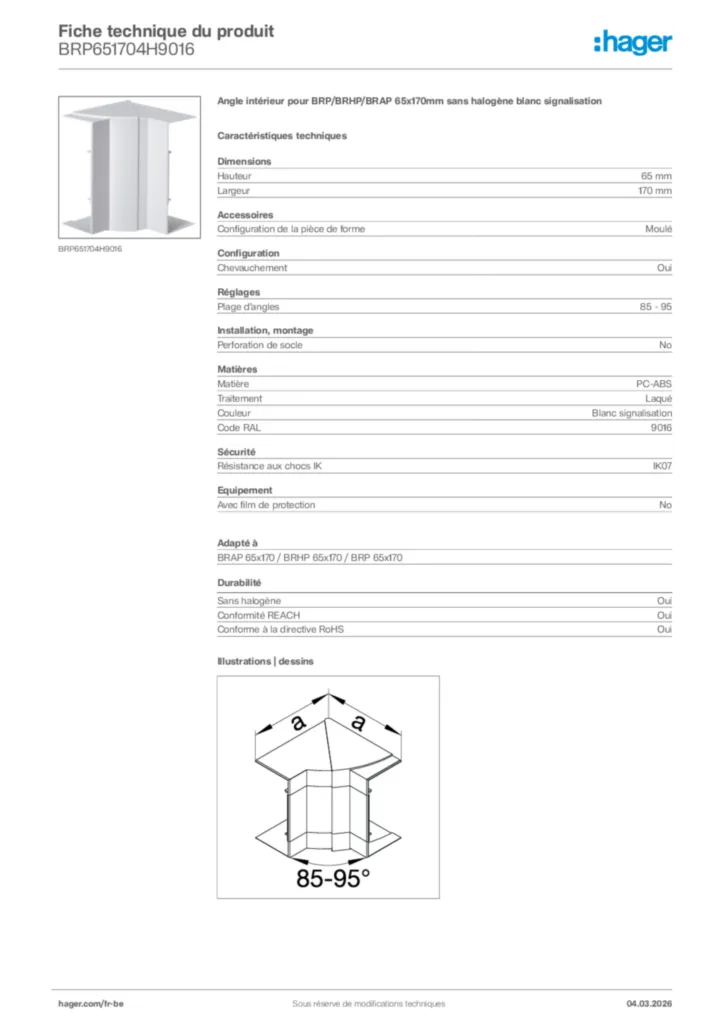 Image Hager Fiche technique du produit BRP651704H9016 | Hager Belgique