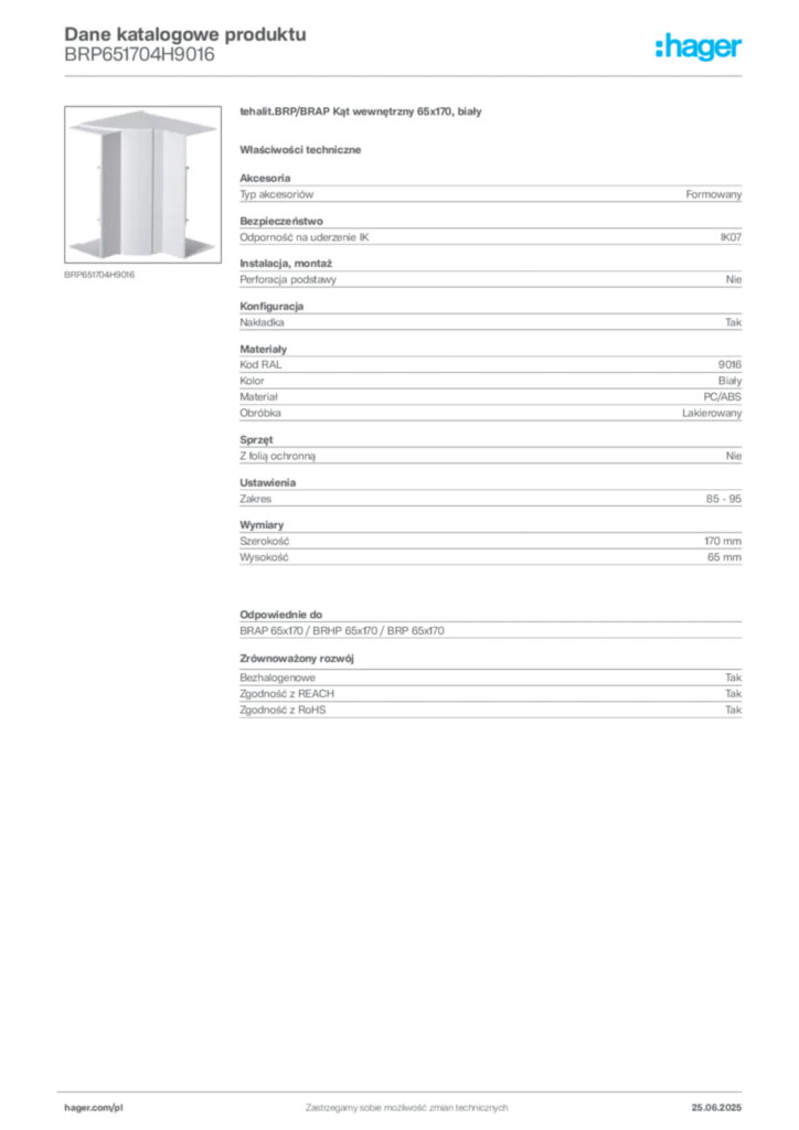 Zdjęcie Hager Dane katalogowe produktu BRP651704H9016 | Hager Polska