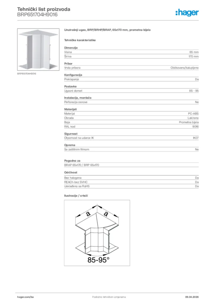 Slika Hager Tehnički list proizvoda BRP651704H9016  | Hager