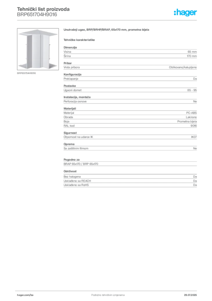 Slika Hager Product data sheet BRP651704H9016  | Hager
