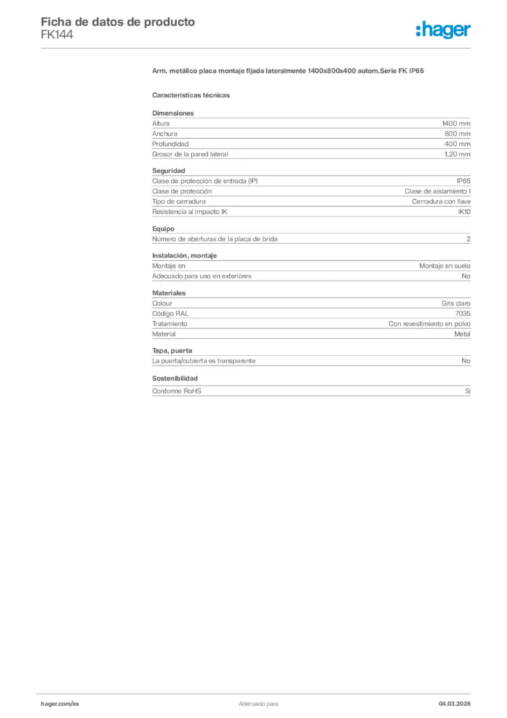 Imagen Hager Ficha de datos de producto FK144 | Hager España