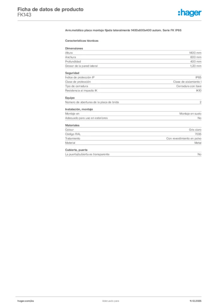 Imagen Hager Ficha de datos de producto FK143 | Hager España