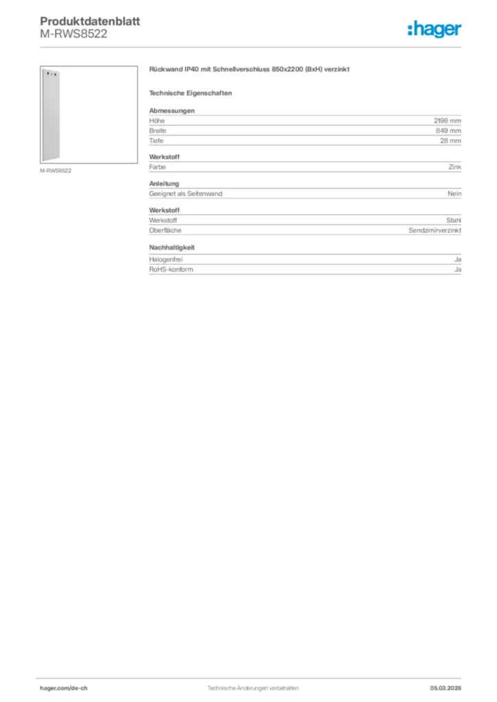 Bild Hager Produktdatenblatt M-RWS8522 | Hager Schweiz