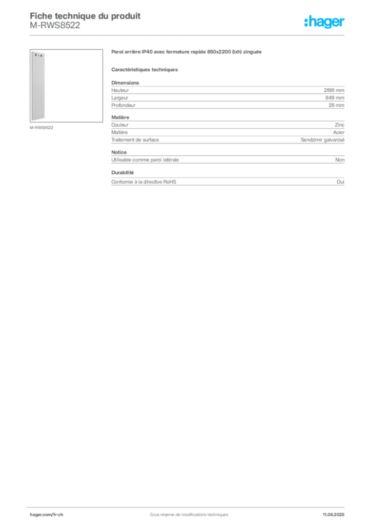 Image Hager Fiche technique du produit M-RWS8522 | Hager Suisse