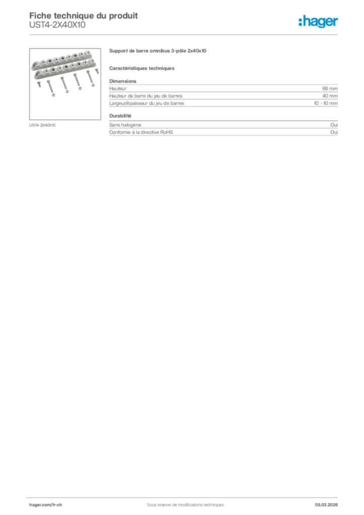 Image Hager Fiche technique du produit UST4-2X40X10 | Hager Suisse