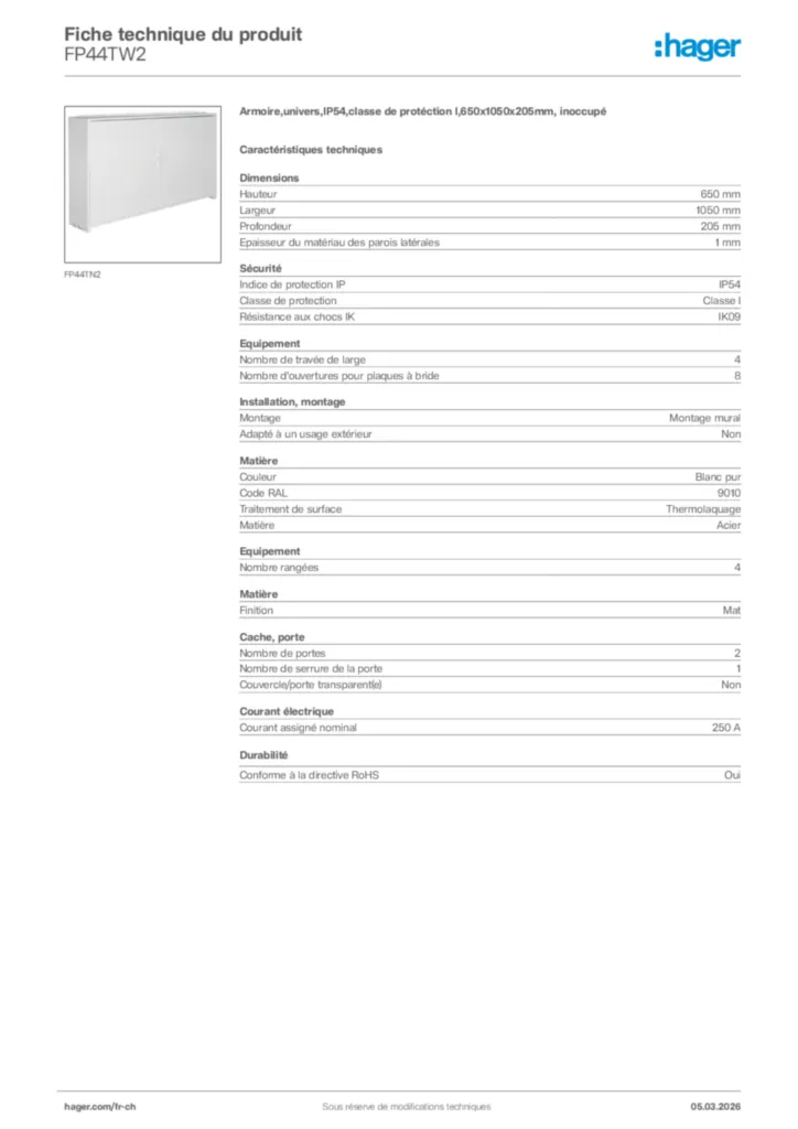 Image Hager Fiche technique du produit FP44TW2 | Hager Suisse