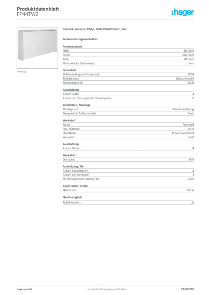 Bild Hager Produktdatenblatt FP44TW2 | Hager Deutschland