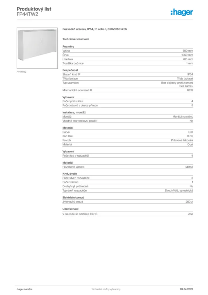 Obrázek Hager Product data sheet FP44TW2 | Hager