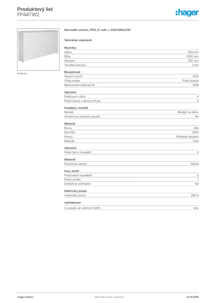 Obrázek Hager Produktový list FP44TW2 | Hager