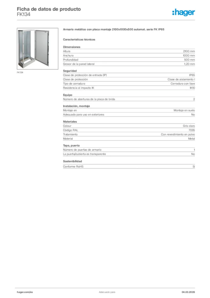 Imagen Hager Ficha de datos de producto FK134 | Hager España