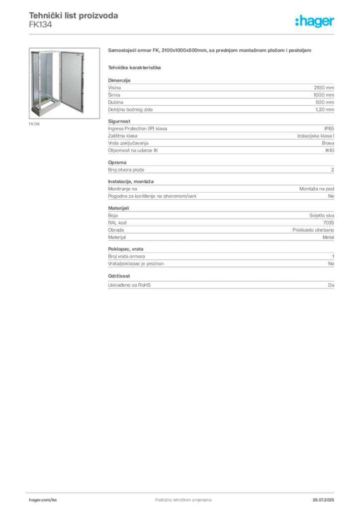 Slika Hager Product data sheet FK134  | Hager