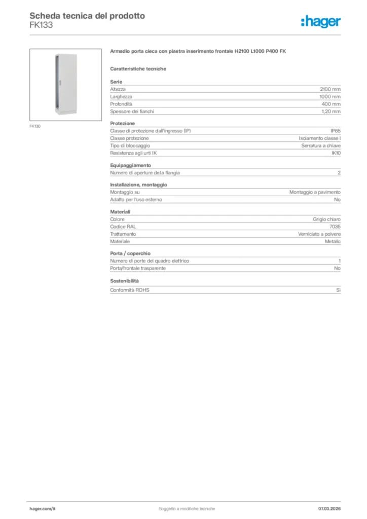 Immagine Hager Scheda tecnica del prodotto FK133 | Hager Italia