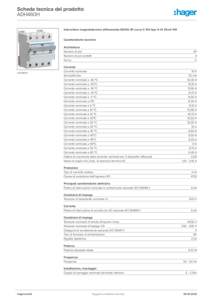 Immagine Hager Scheda tecnica del prodotto ADH460H | Hager Italia