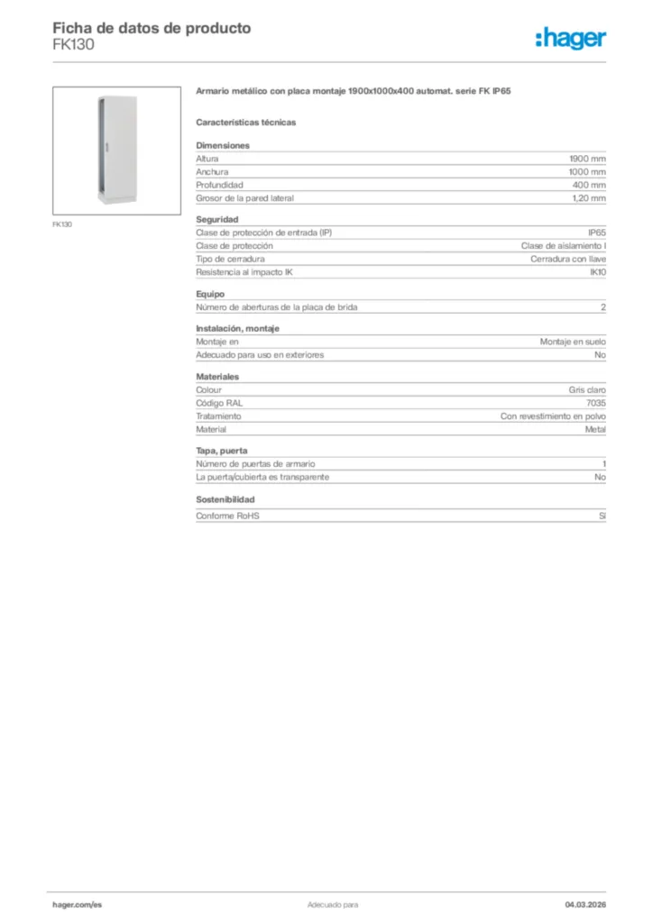 Imagen Hager Ficha de datos de producto FK130 | Hager España