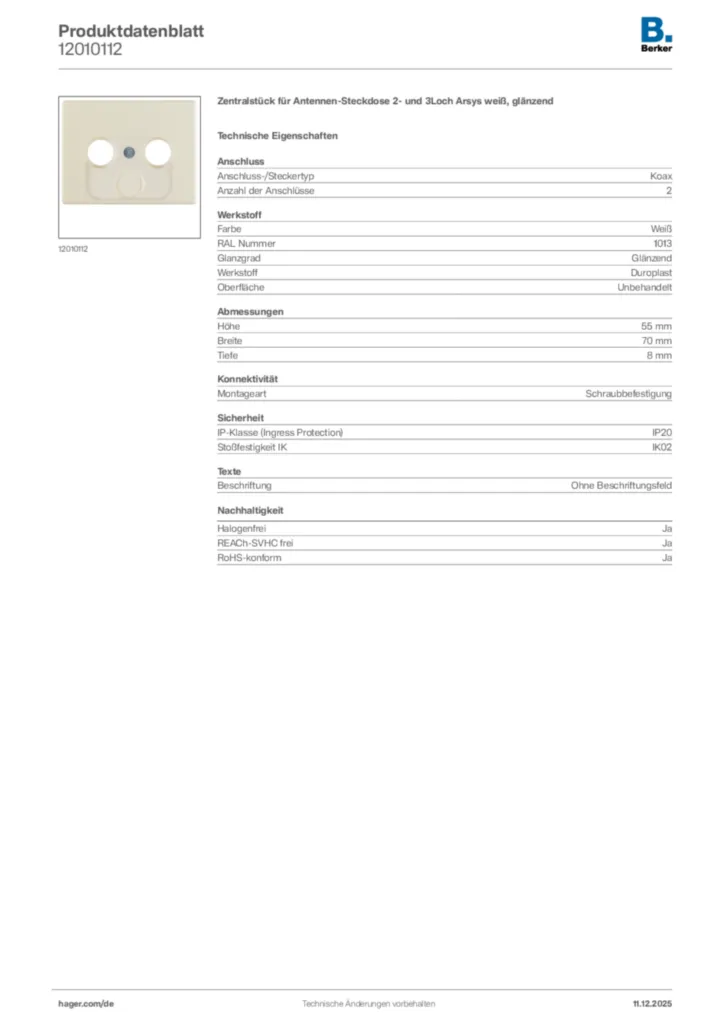Bild Berker Produktdatenblatt 12010112 | Hager Deutschland