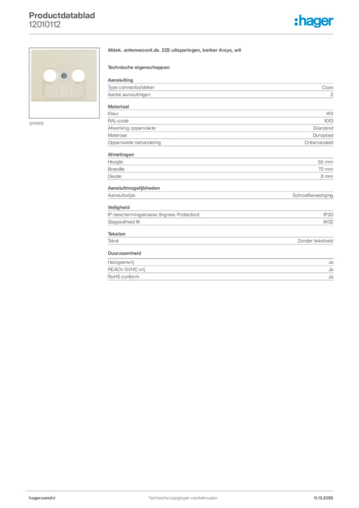 Afbeelding Hager Productdatablad 12010112 | Hager Nederland