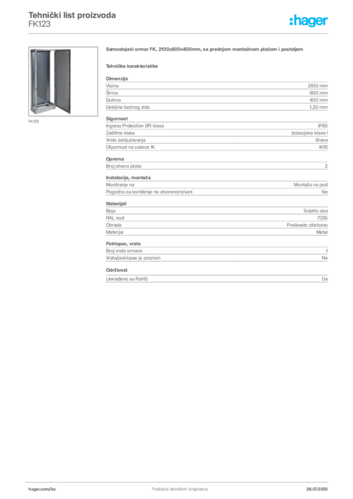 Slika Hager Product data sheet FK123  | Hager