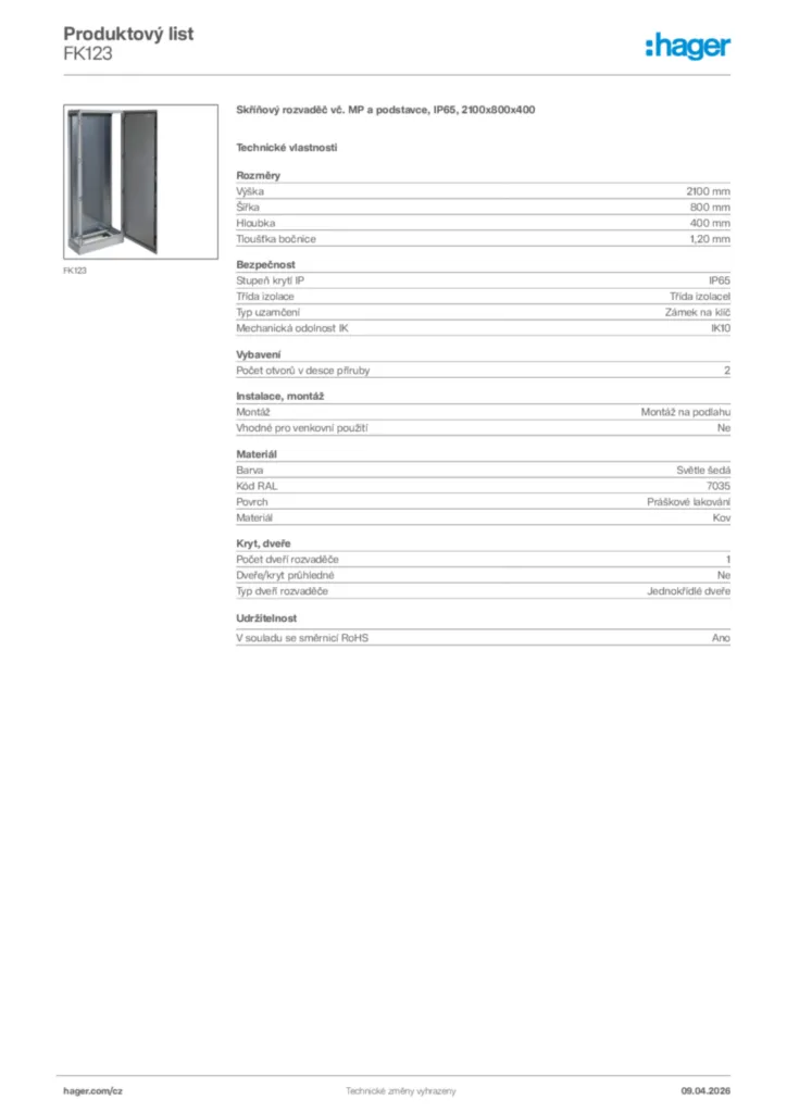 Obrázek Hager Product data sheet FK123 | Hager