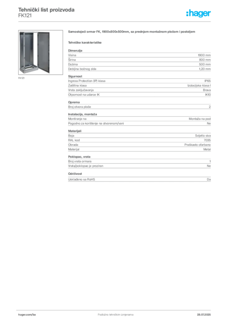 Slika Hager Product data sheet FK121  | Hager
