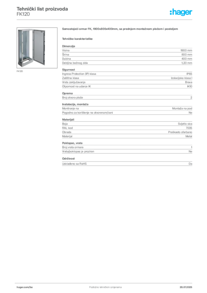 Slika Hager Product data sheet FK120  | Hager