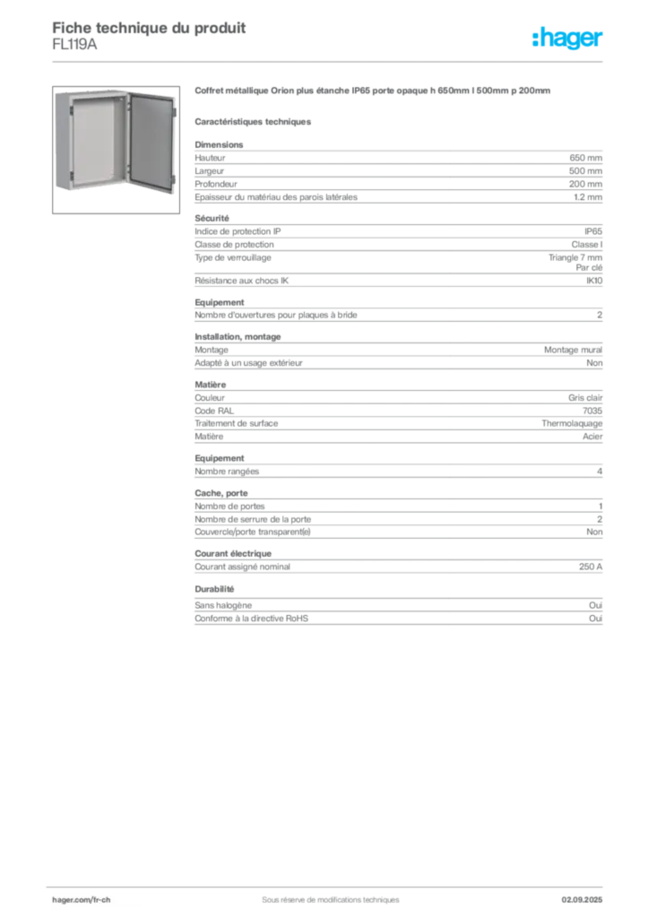 Image Hager Fiche technique du produit FL119A | Hager Suisse