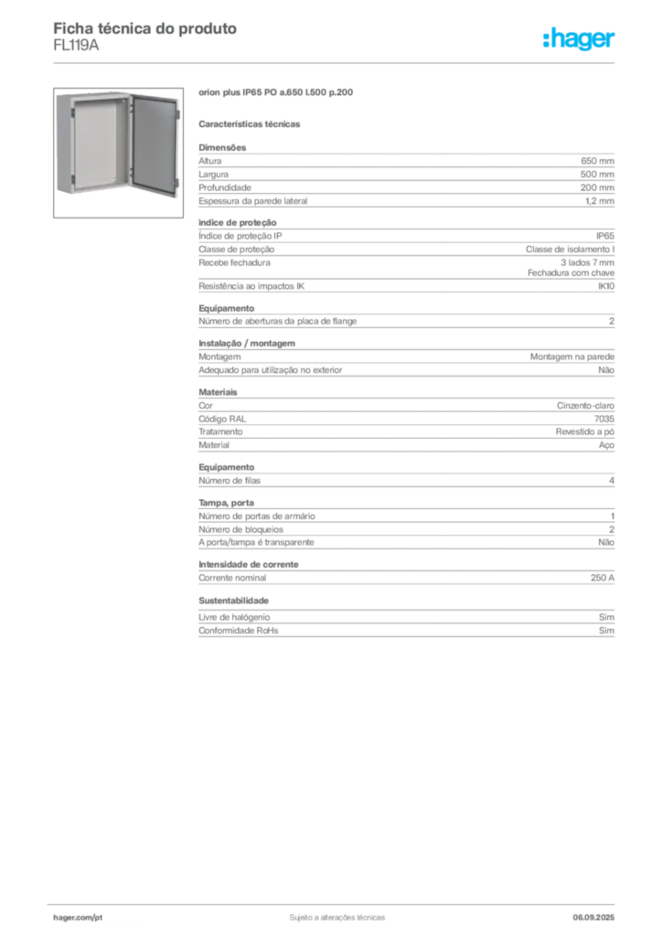 Imagem Hager Ficha técnica do produto FL119A | Hager Portugal