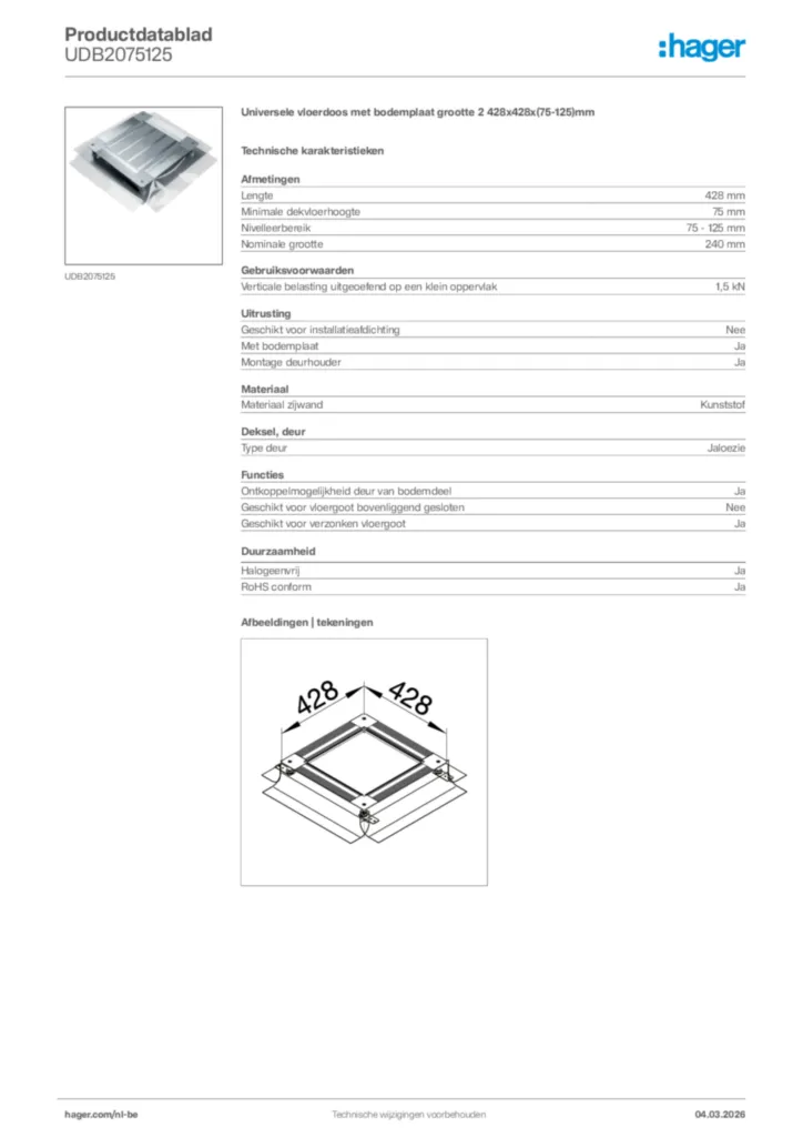 Afbeelding Hager Productdatablad UDB2075125 | Hager Belgium