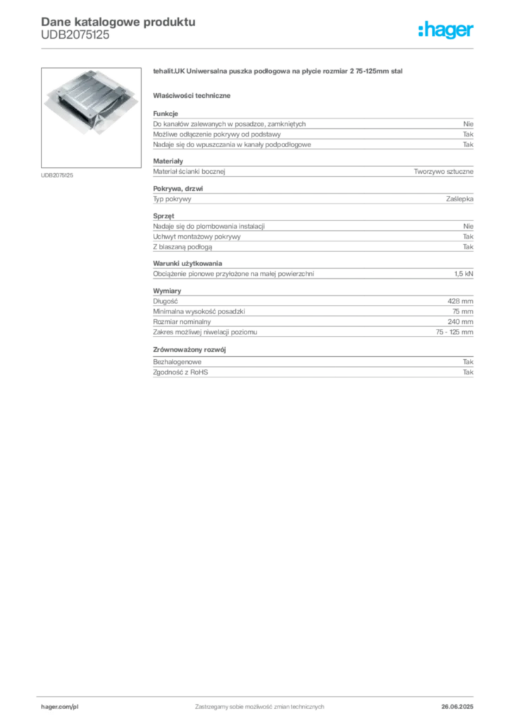 Zdjęcie Hager Dane katalogowe produktu UDB2075125 | Hager Polska